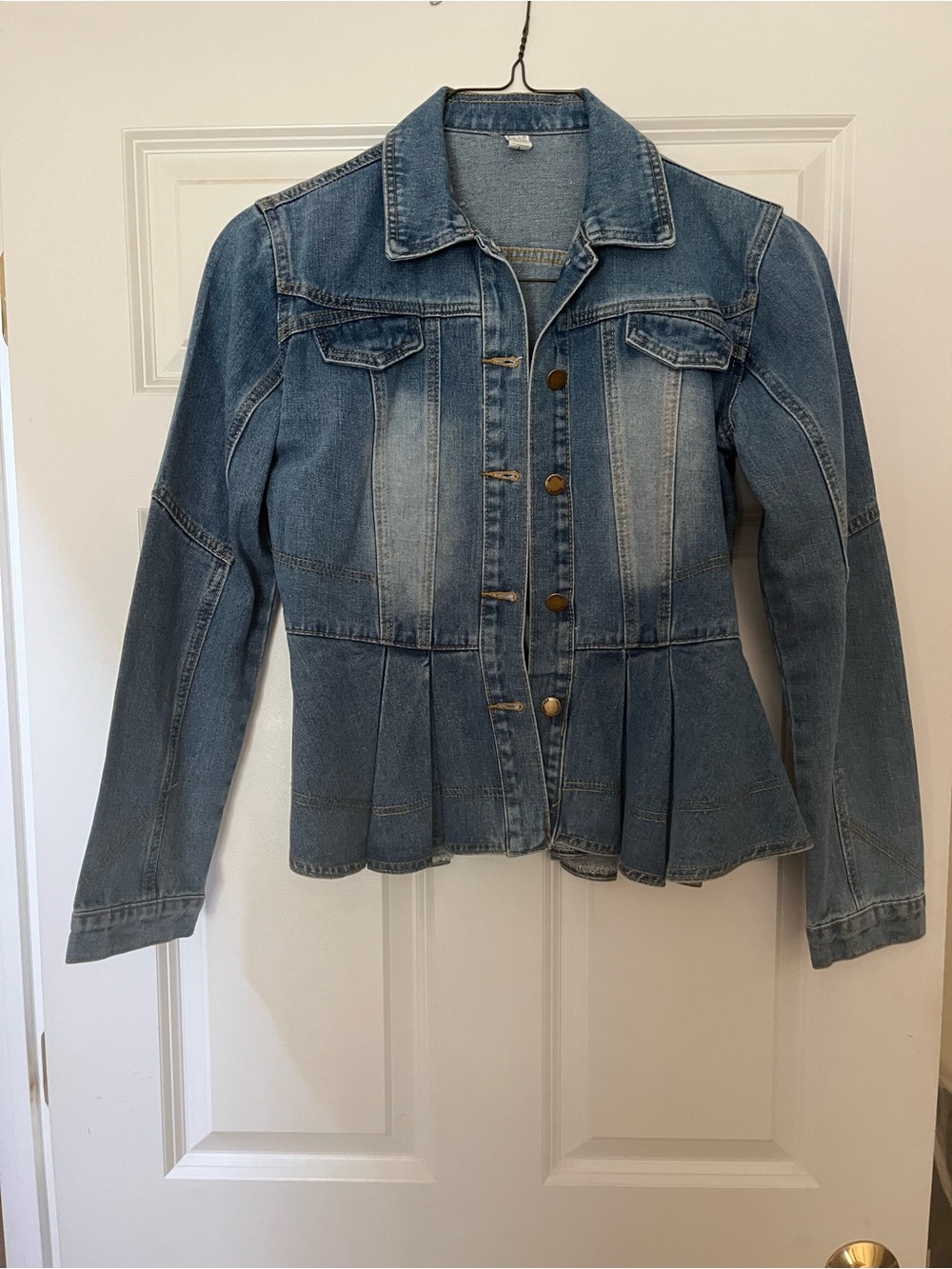 SHEIN Blue Denim Pleated Peplum Jacket